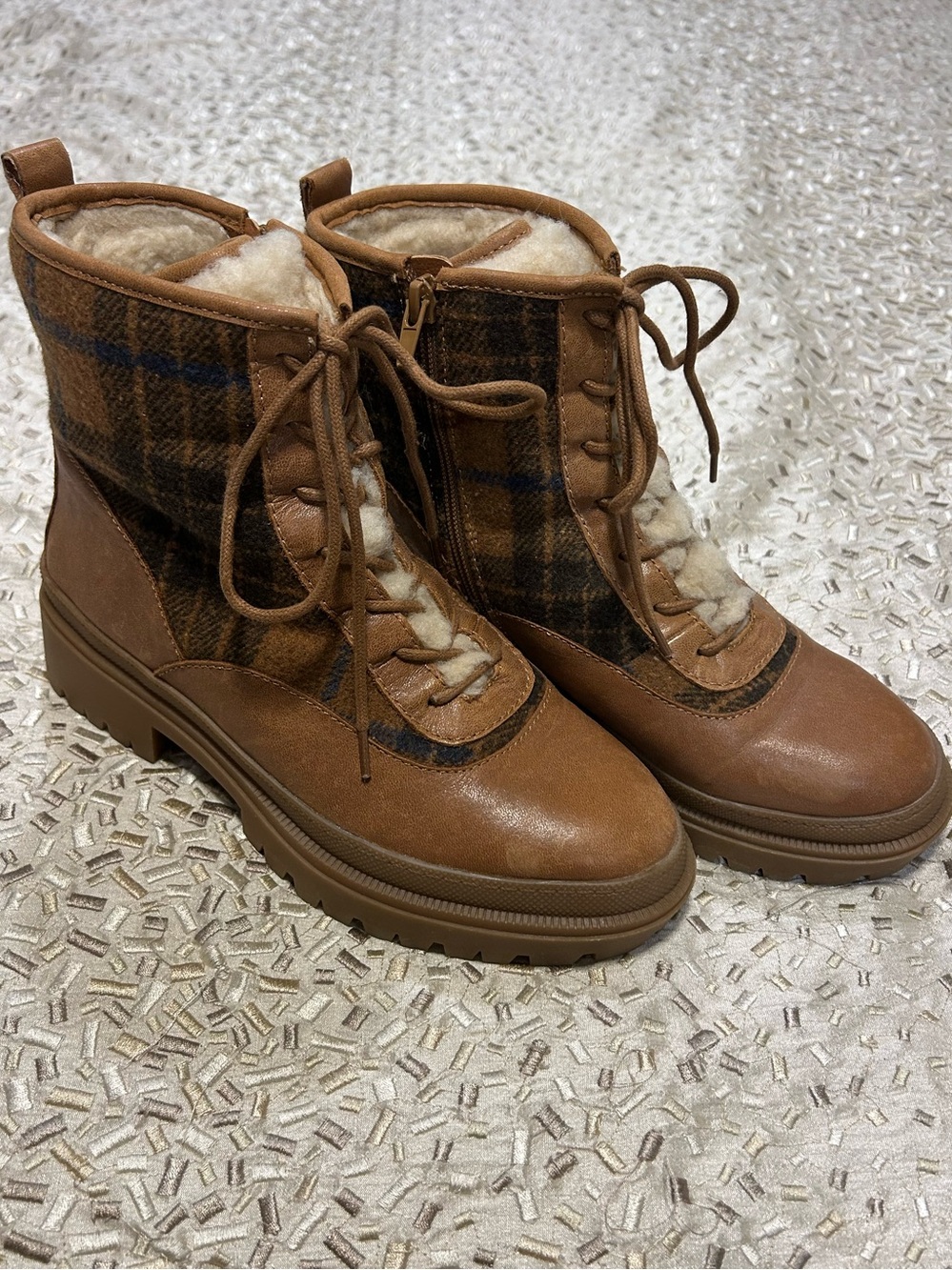 Lucky Brand Brown Plaid Lace-Up Ankle Boots with Shearling Trim and side zipper.